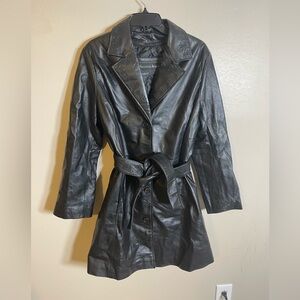 Seventh Avenue 100% Leather Floral Detail Collared Belted Trench Coat L